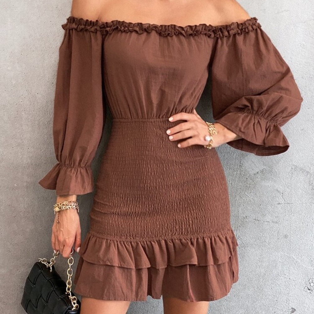 OFF THE SHOULDER BROWN DRESS
